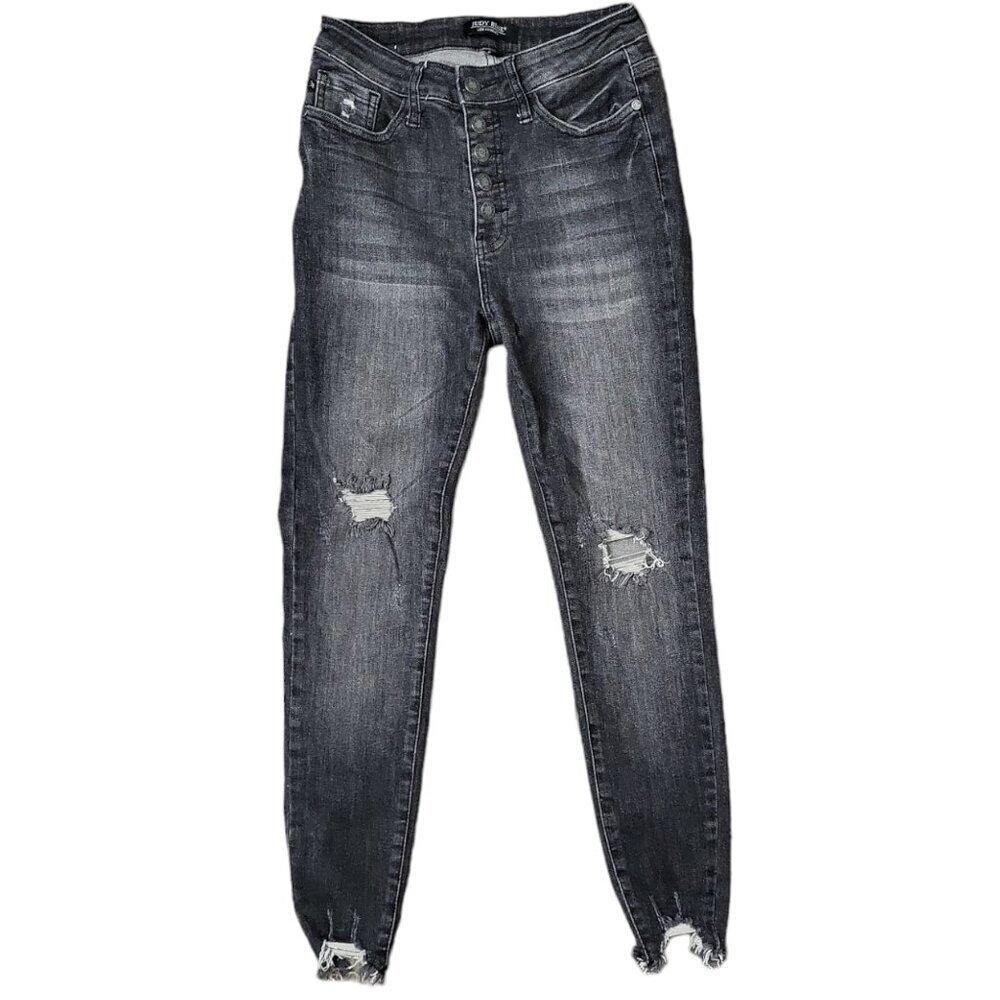 Judy Blue Women's Jeans Size 3 Black Denim Skinny Fit Distressed Button Fly